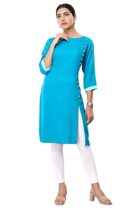 Rayon Solid Print Sky Blue short Kurti For Women For Casual Party
