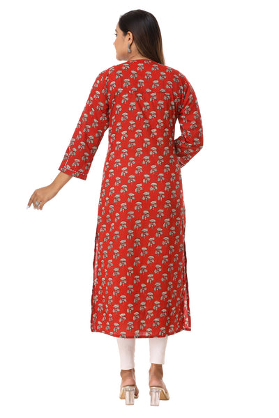 Indian Cotton Red Printed Long Kurti For Women