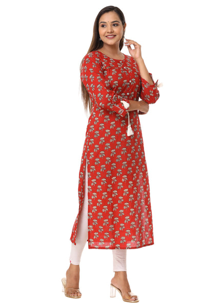 Indian Cotton Red Printed Long Kurti For Women