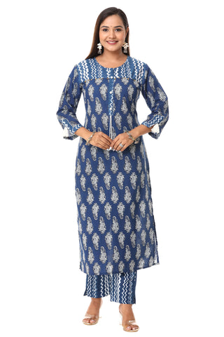 Indigo Blue Cotton Kurti Printed Kurta Pant Set For Women