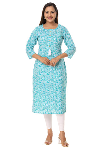 Women Pure Cotton Teal Green Printed Kurta For Casual Party