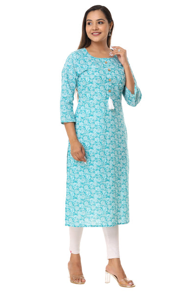 Women Pure Cotton Teal Green Printed Kurta For Casual Party