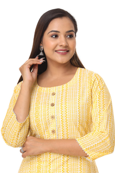 Pure Cotton Yellow Printed Straight Kurta For Women
