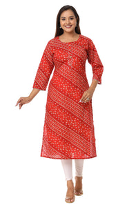 Latest Cotton  Bandhani Print Red Color Long Kurta for Women