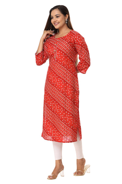 Latest Cotton  Bandhani Print Red Color Long Kurta for Women