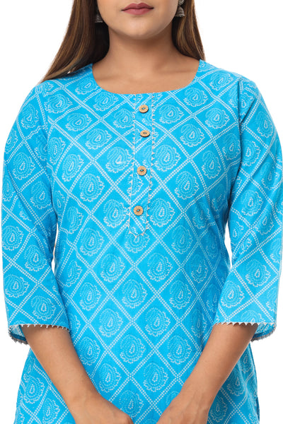 Latest Women's Blue Cotton Bandhani Print Straight Kurti
