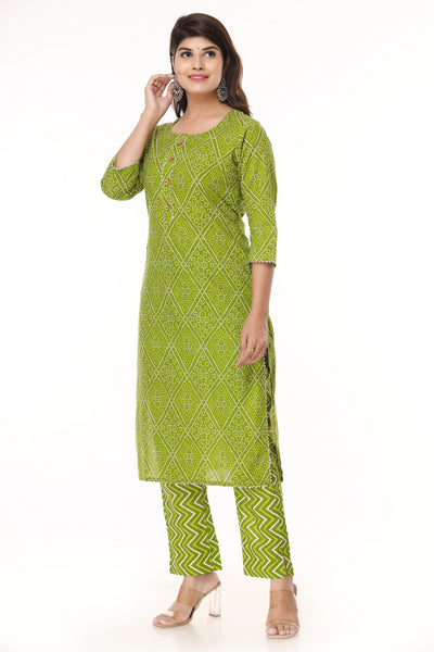 Latest Women Cotton Green Printed Straight Kurta with Trouser
