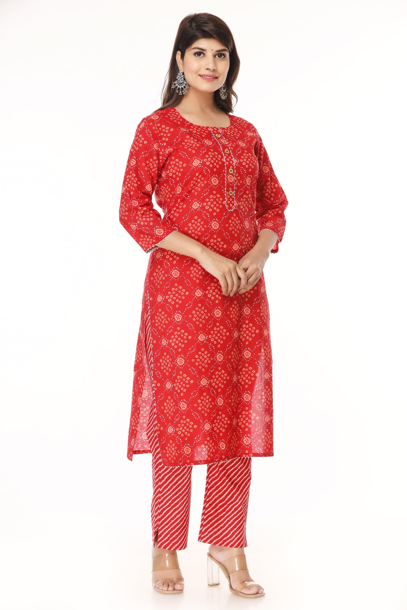 Women Cotton Red Bandhani Print Straight Kurta with Pant