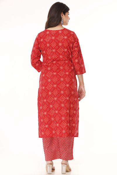 Women Cotton Red Bandhani Print Straight Kurta with Pant