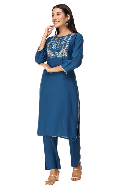 Latest Women Blue Rayon Ethnic Embroidered Kurta with Pant