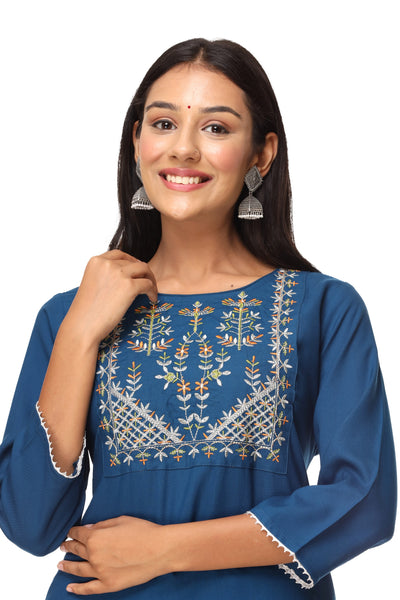 Latest Women Blue Rayon Ethnic Embroidered Kurta with Pant