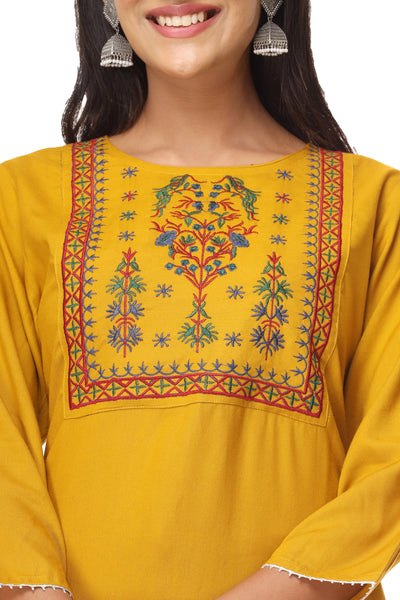 Indian Kurti With Pant Set For Women Yellow Embroidered Kurta