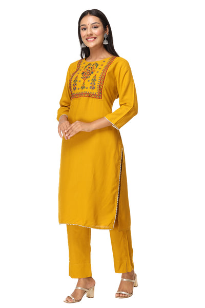 Indian Kurti With Pant Set For Women Yellow Embroidered Kurta