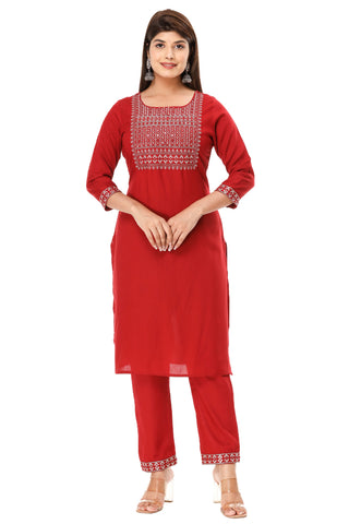 Indian Rayon Ethnic Embroidered Kurta Kurti with Pant Set Red