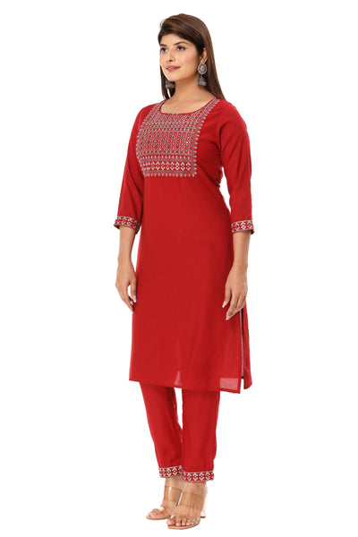 Indian Rayon Ethnic Embroidered Kurta Kurti with Pant Set Red