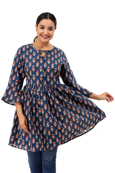 Indian Floral Cotton Blue Color Flared Women Long Top