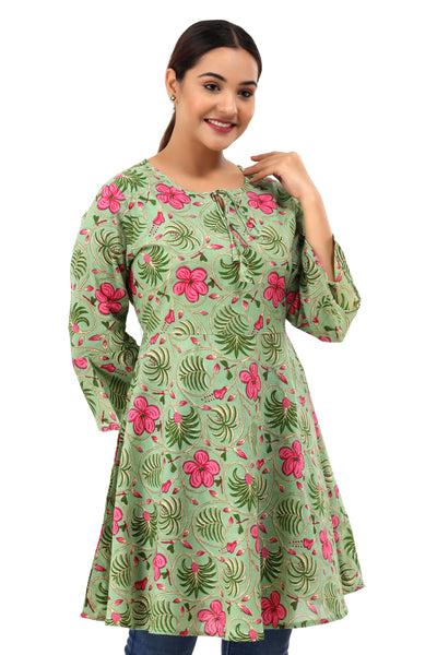 Indian Floral Print Cotton Flared Long Top for Women