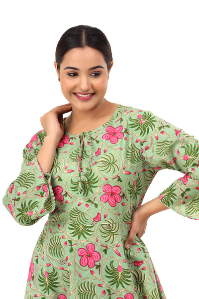 Indian Floral Print Cotton Flared Long Top for Women
