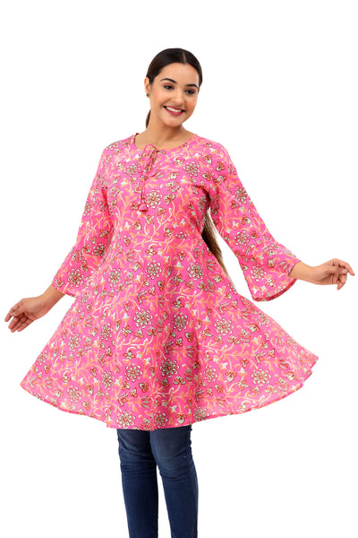 Indian Cotton Printed Flared Long Top for Women